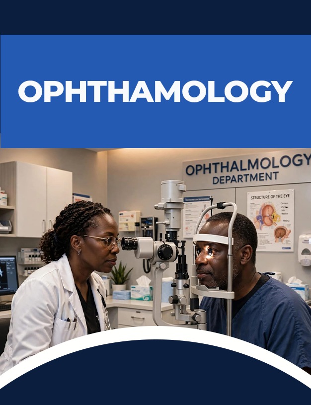 Ophthalmology services poster with an eye examination at Vision Medical Diagnostic Center