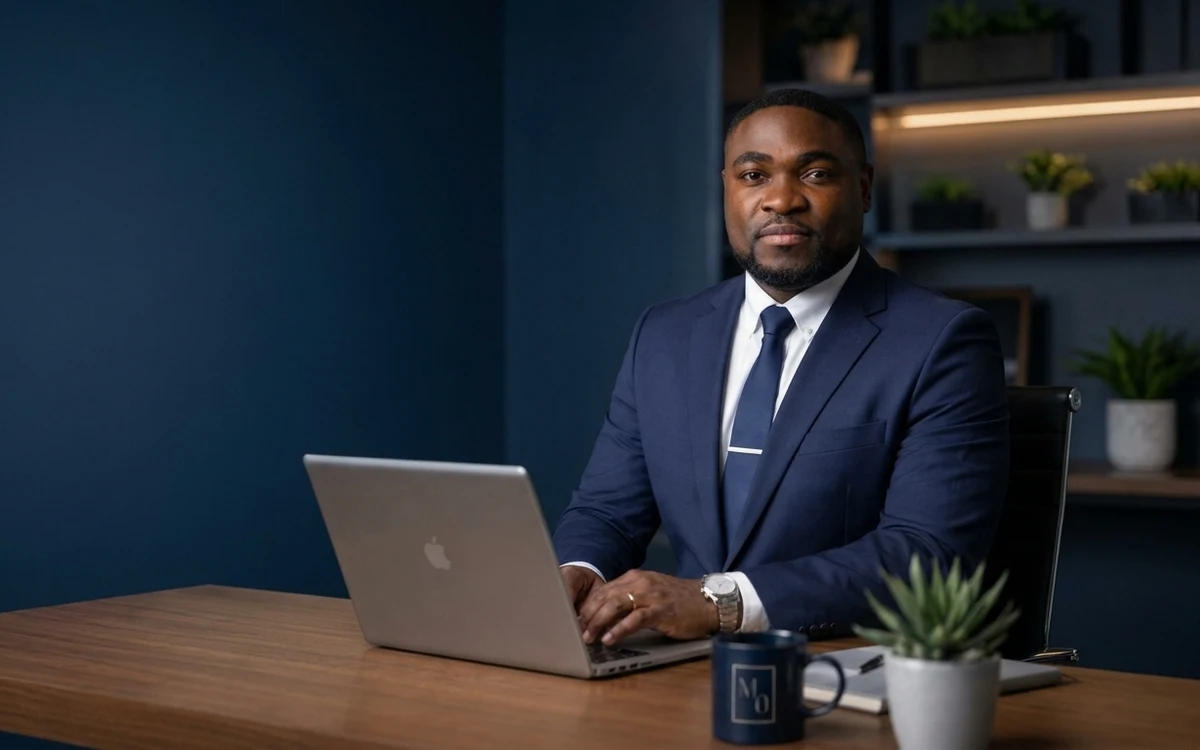 Man in a navy suit seated at a desk with an open laptop