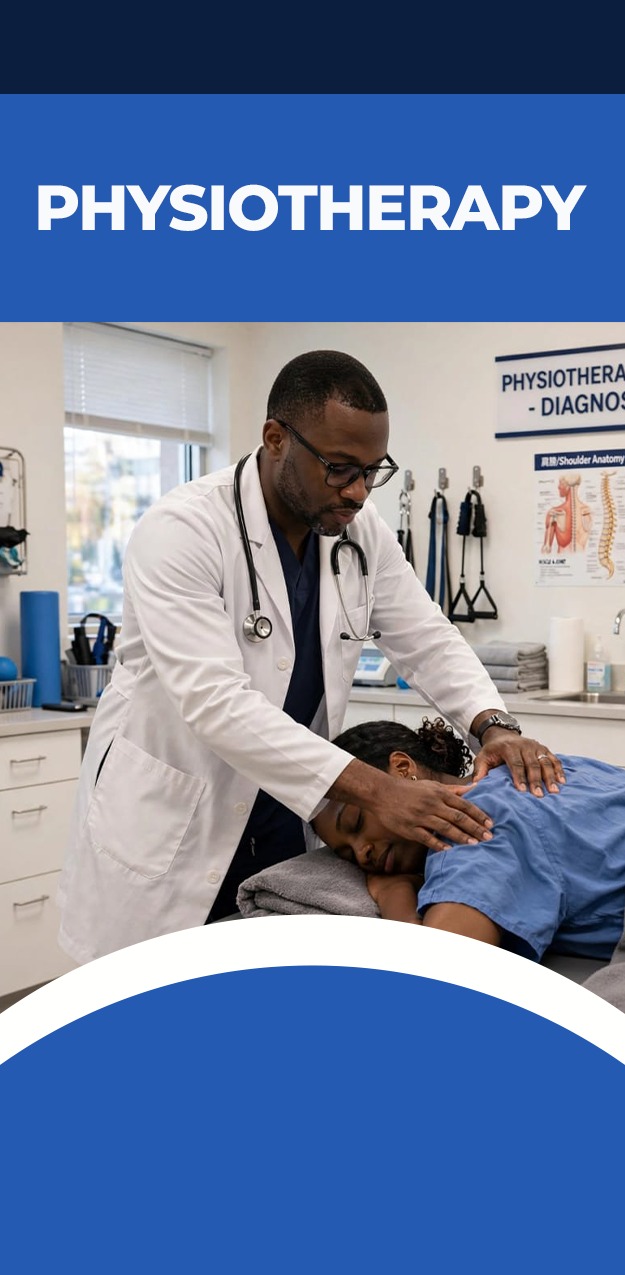 Physiotherapy services poster with a therapist treating a patient at Vision Medical Diagnostic Center